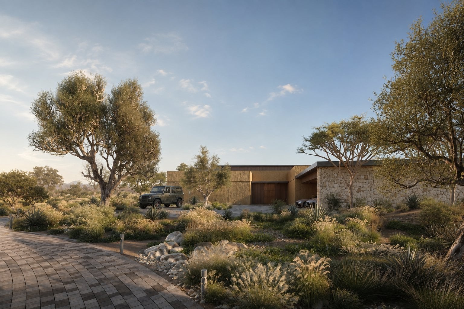Morning light on the approach to a residence