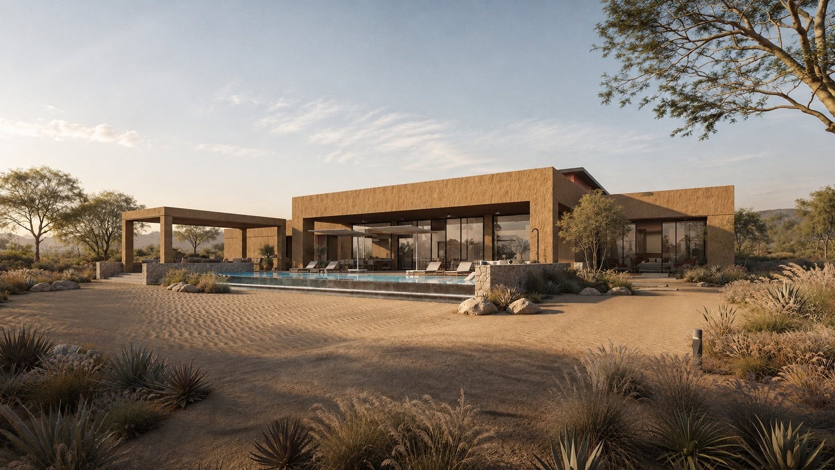 A residence and its pool in the afternoon